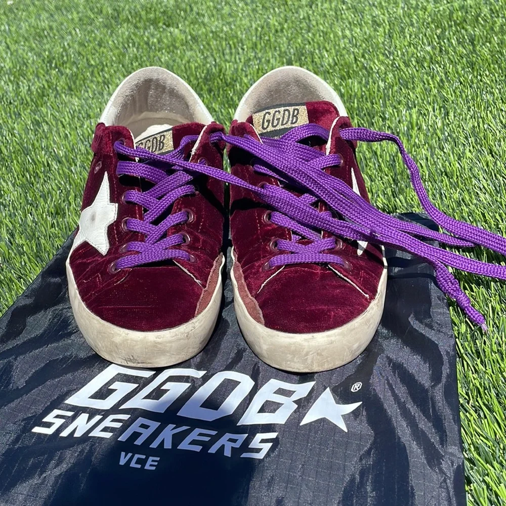 Burgundy velvet golden goose sneakers - Picture 2 of 8